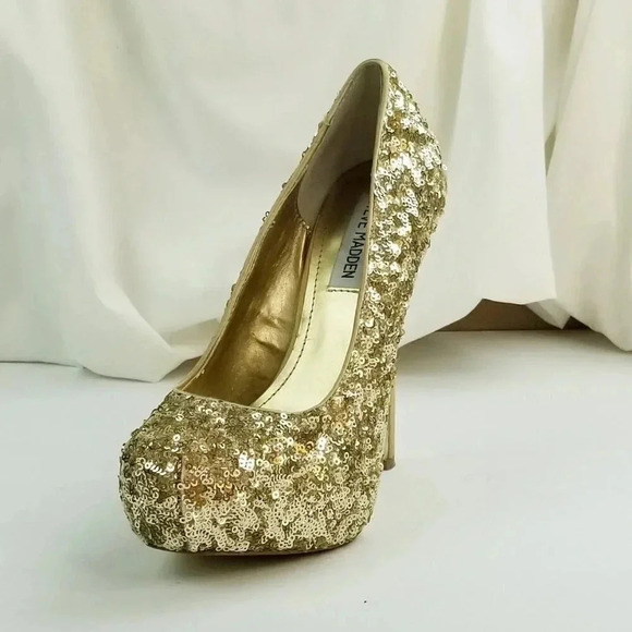 Steve Madden Size 6.5M Bitter Platform Gold Sequin Stiletto Heel Women's Pumps - Picture 1 of 12